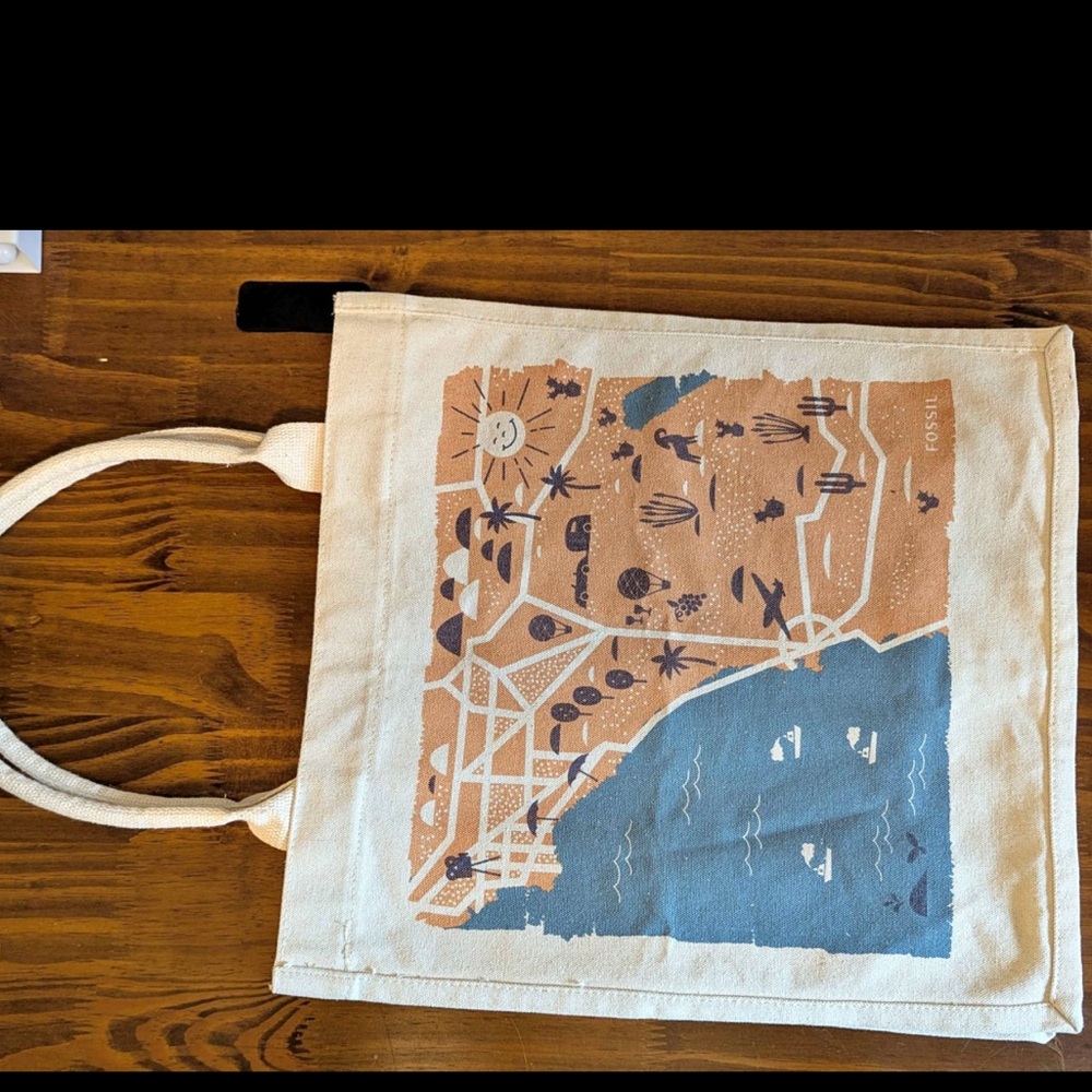 Fossil Canvas Tote in Blue & Tan Coastal Print